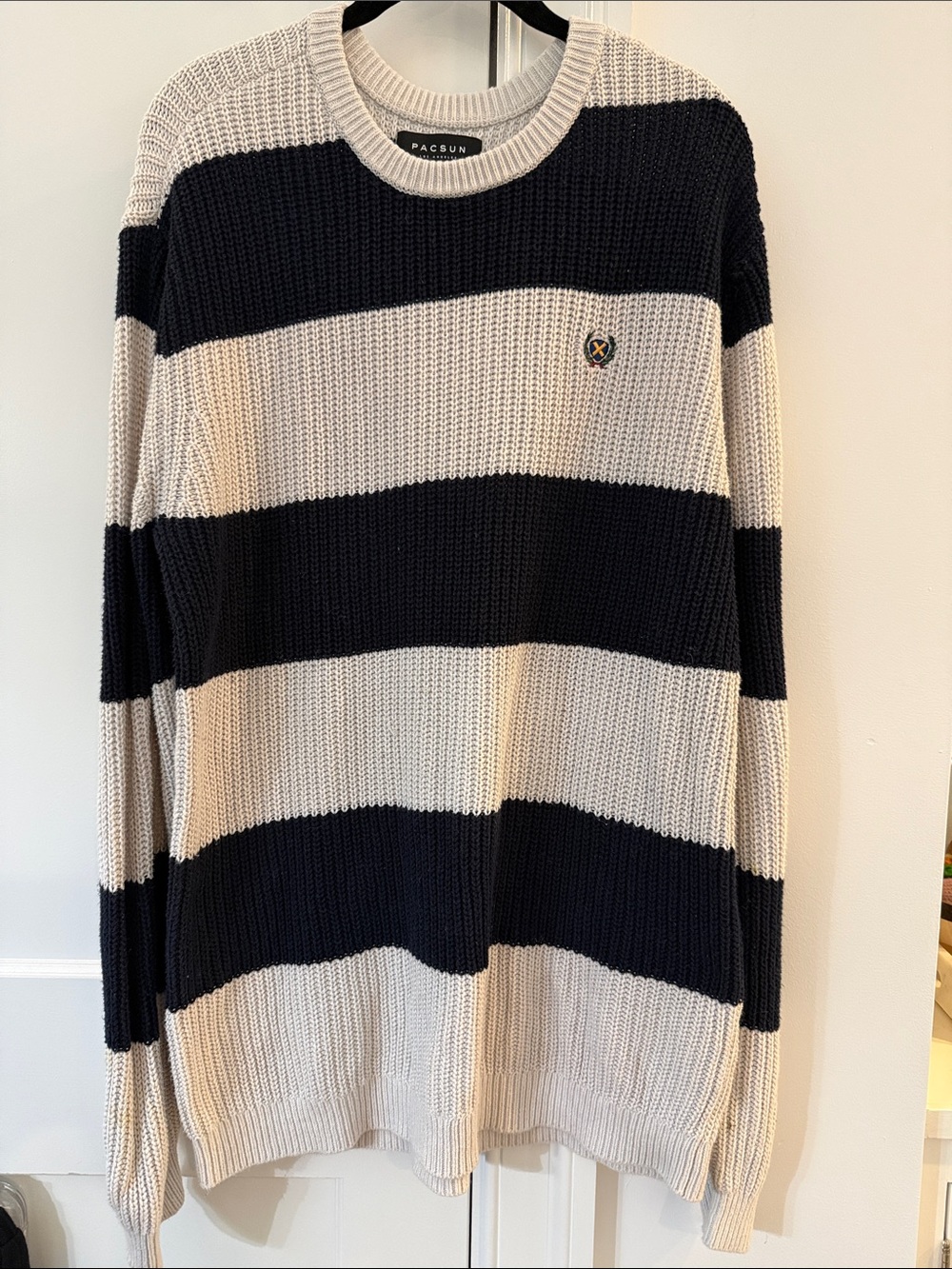 PacSun Menโs Navy and Cream Wide-Stripe Crewneck Sweater